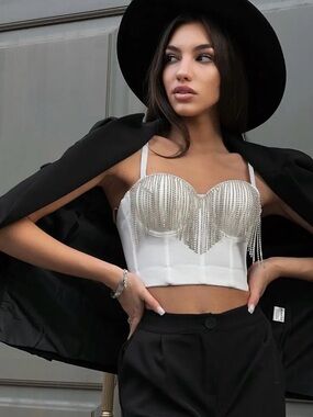 NWOT The Sang White Bustier Corset with Rhinestone Fringe Size S